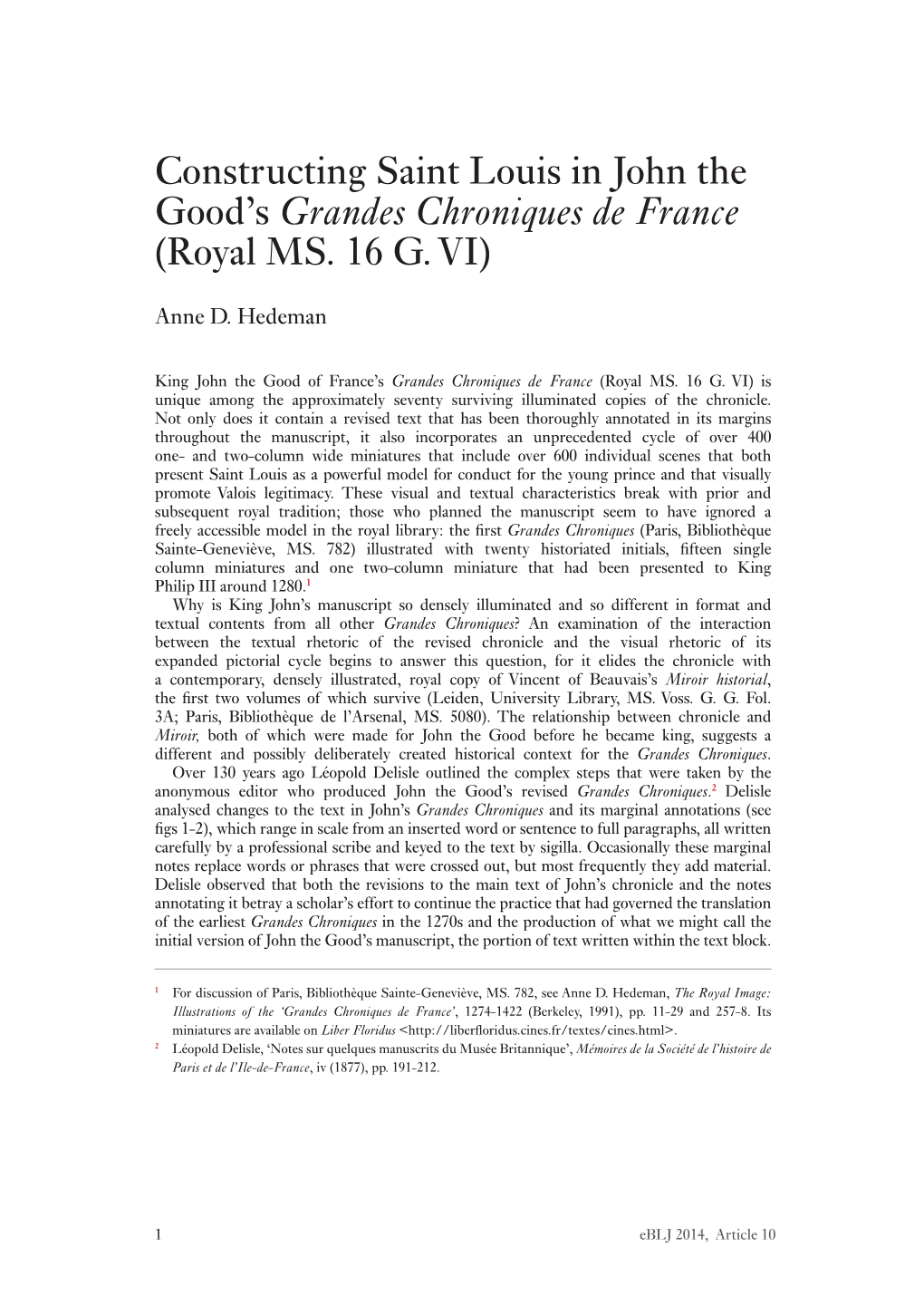 Constructing Saint Louis in John the Good's Grandes Chroniques De France