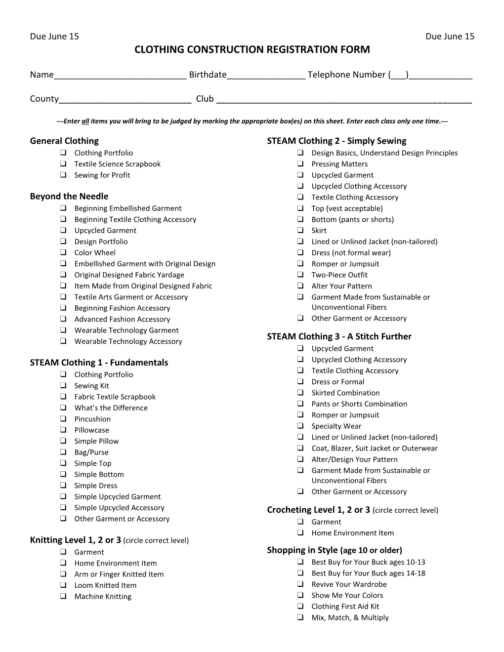 Clothing Construction Registration Form