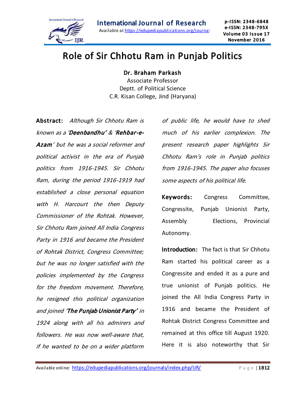 Role of Sir Chhotu Ram in Punjab Politics