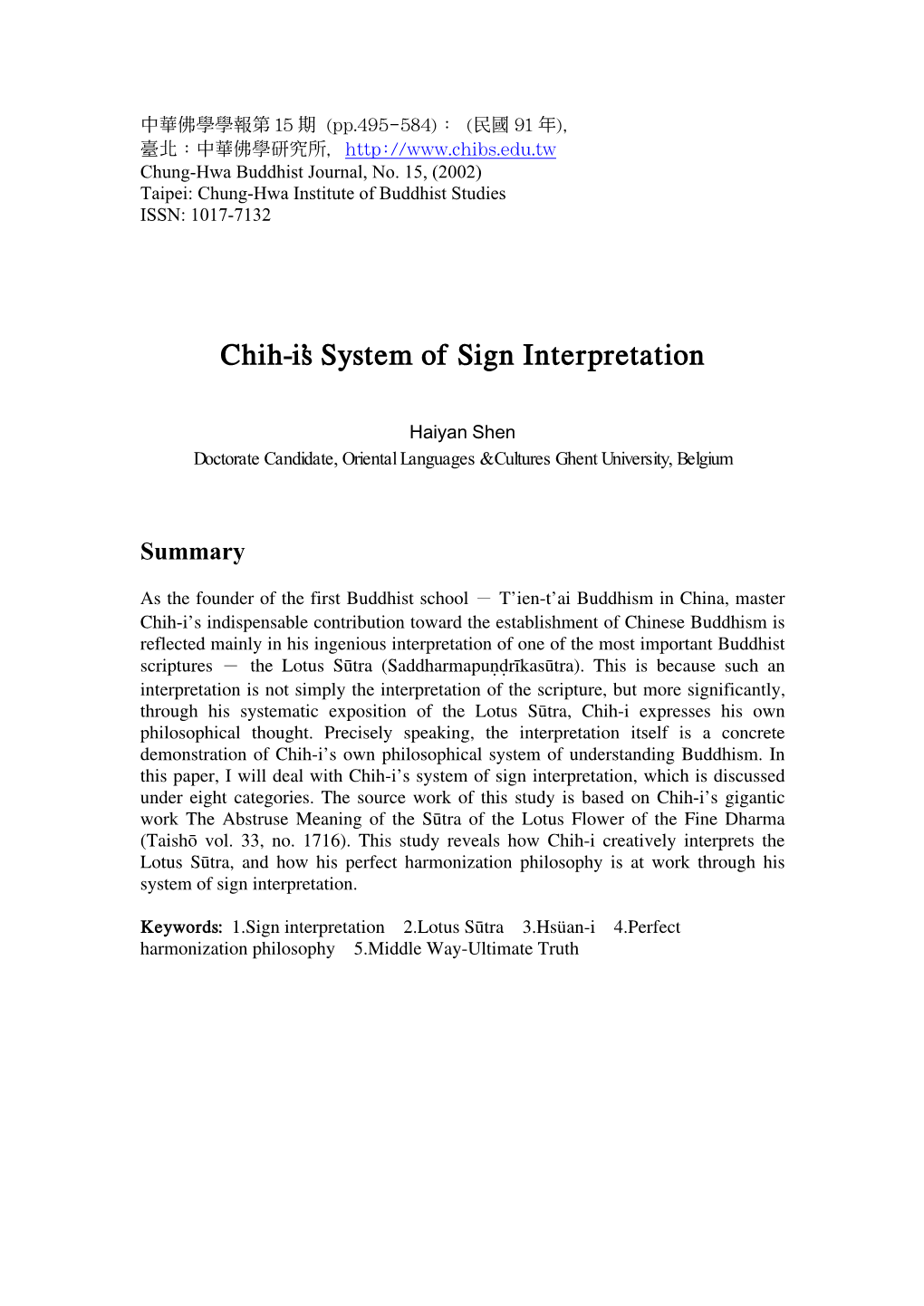 Chih-I's System of Sign Interpretation