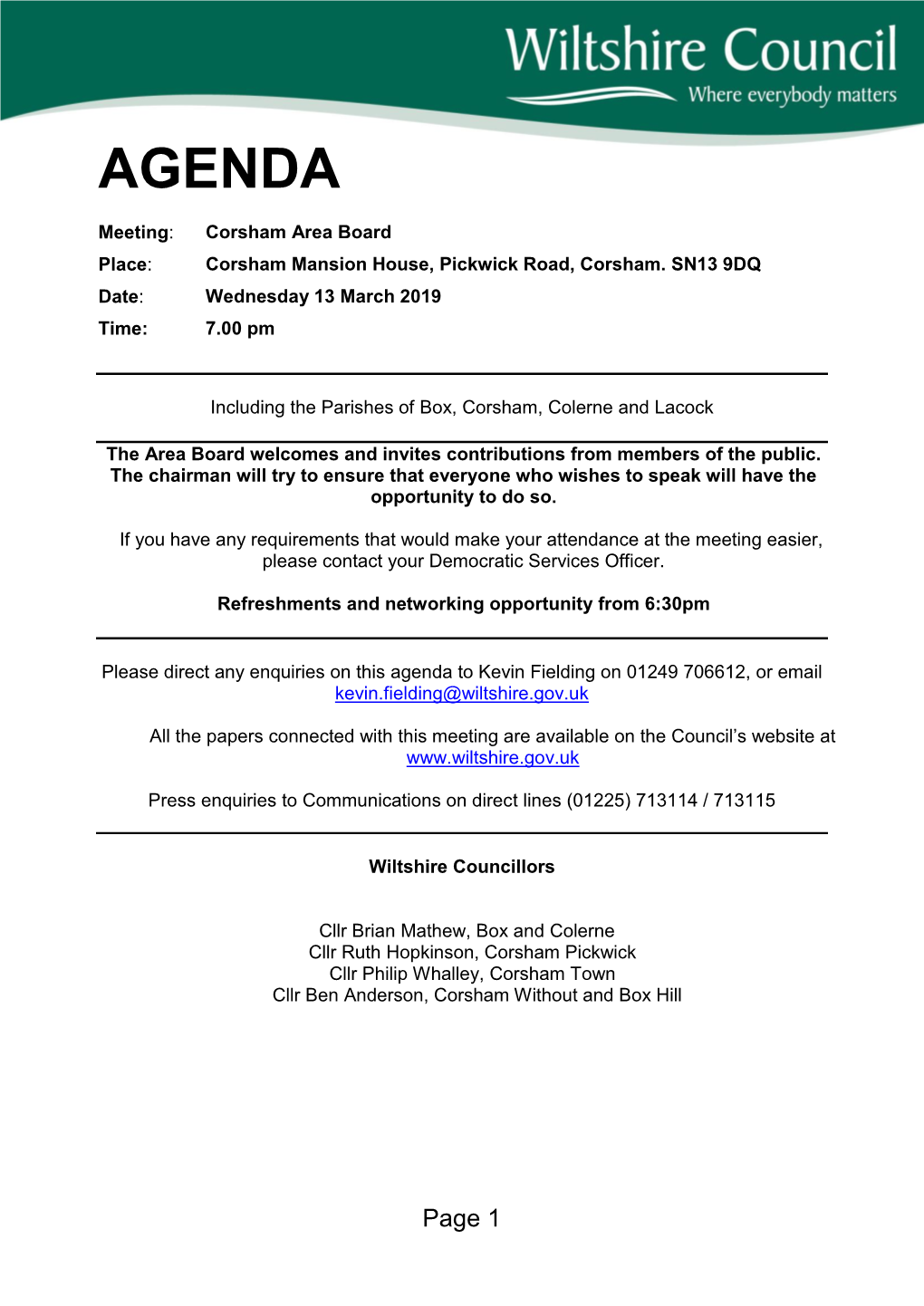 Agenda Document for Corsham Area Board, 13/03/2019 19:00