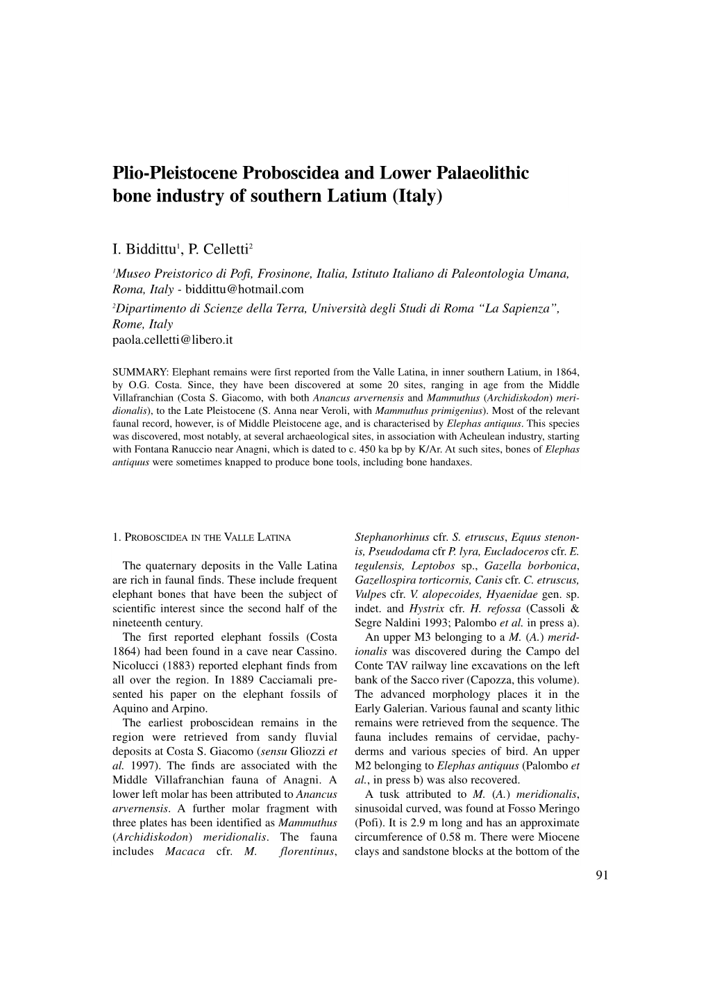 Plio-Pleistocene Proboscidea and Lower Palaeolithic Bone Industry of Southern Latium (Italy)