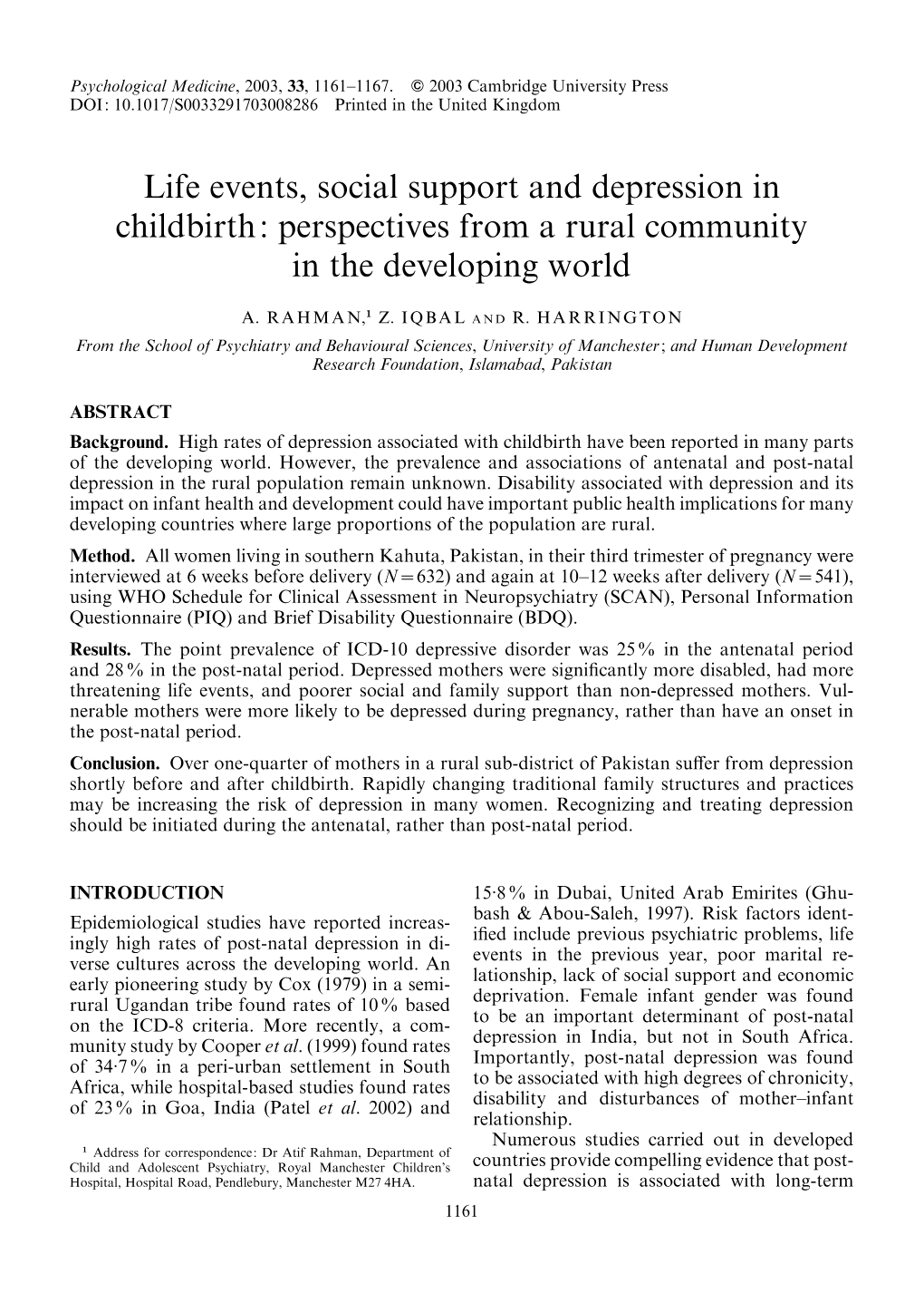 Life Events, Social Support and Depression in Childbirth: Perspectives from a Rural Community in the Developing World