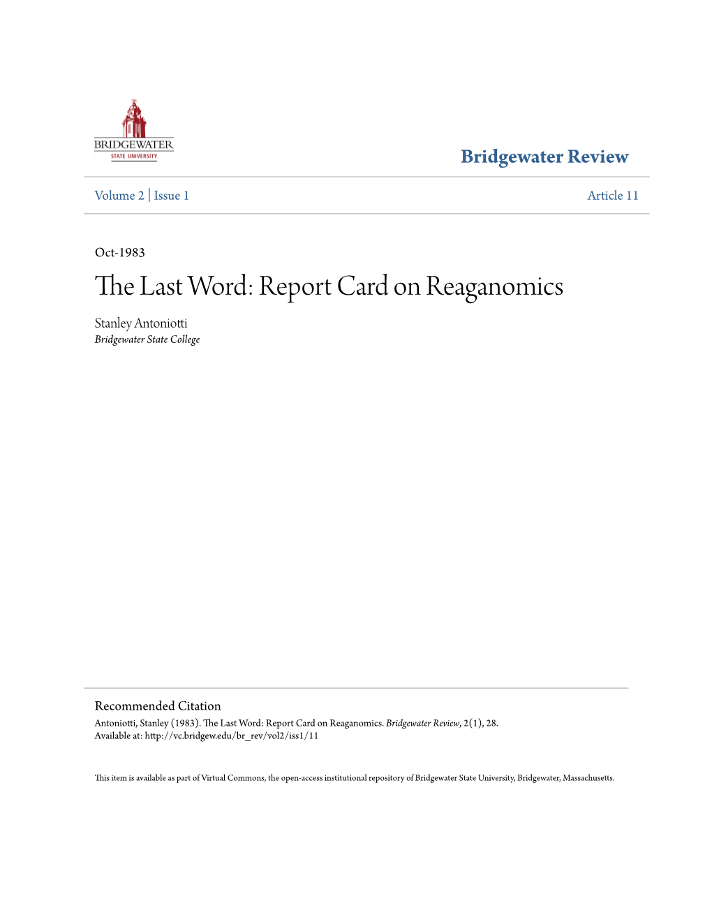 Report Card on Reaganomics Stanley Antoniotti Bridgewater State College