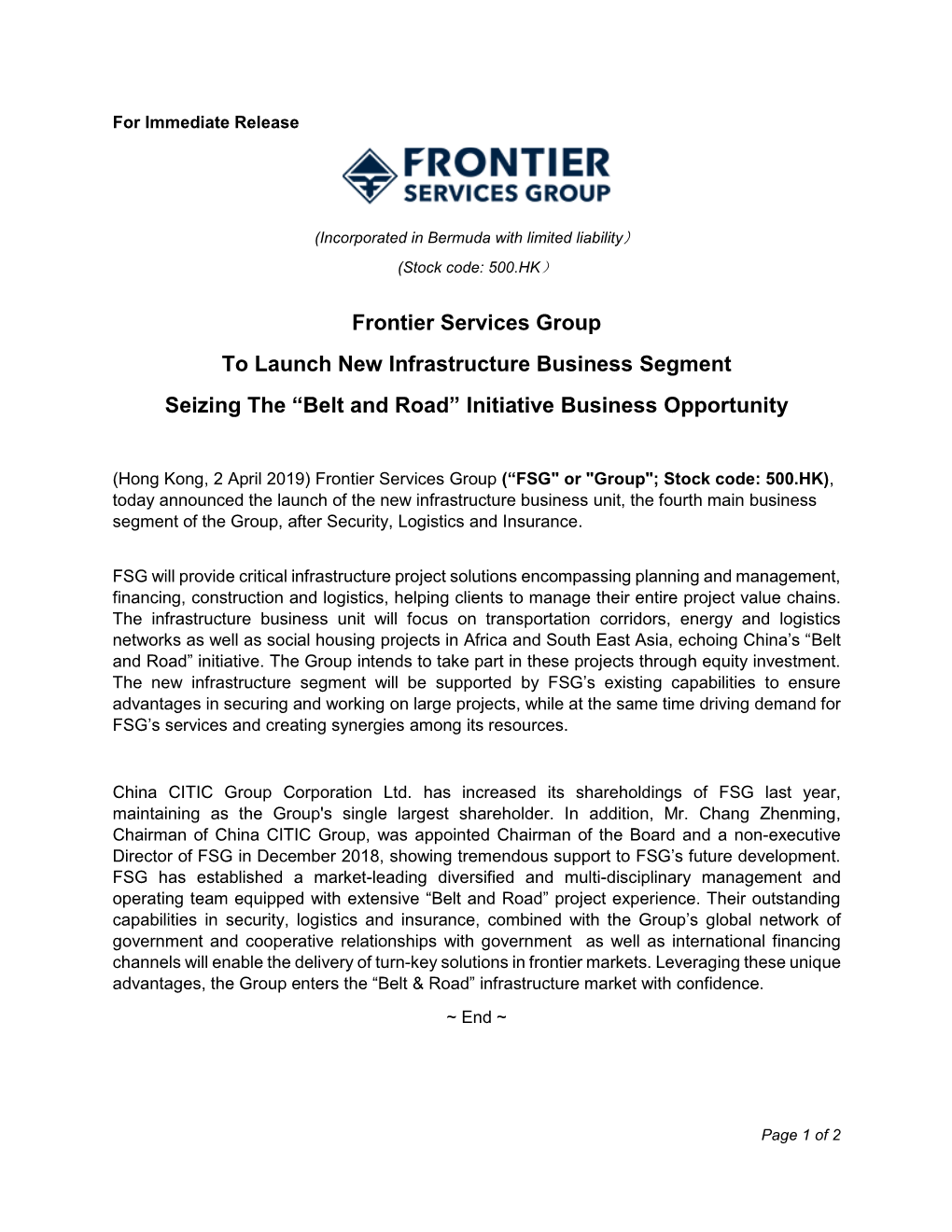 Frontier Services Group to Launch New Infrastructure Business Segment Seizing the “Belt and Road” Initiative Business Opportunity