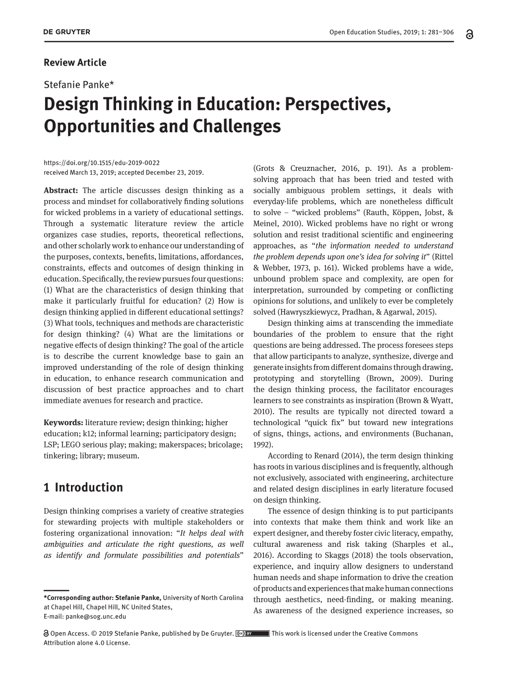 Design Thinking in Education: Perspectives, Opportunities and Challenges