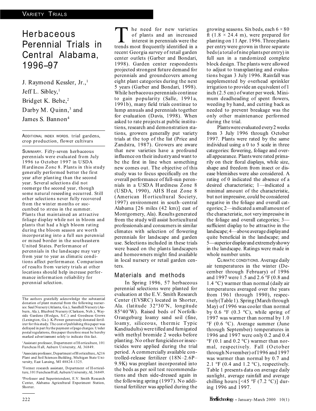 Herbaceous Perennial Trials in Central Alabama, 1996–97