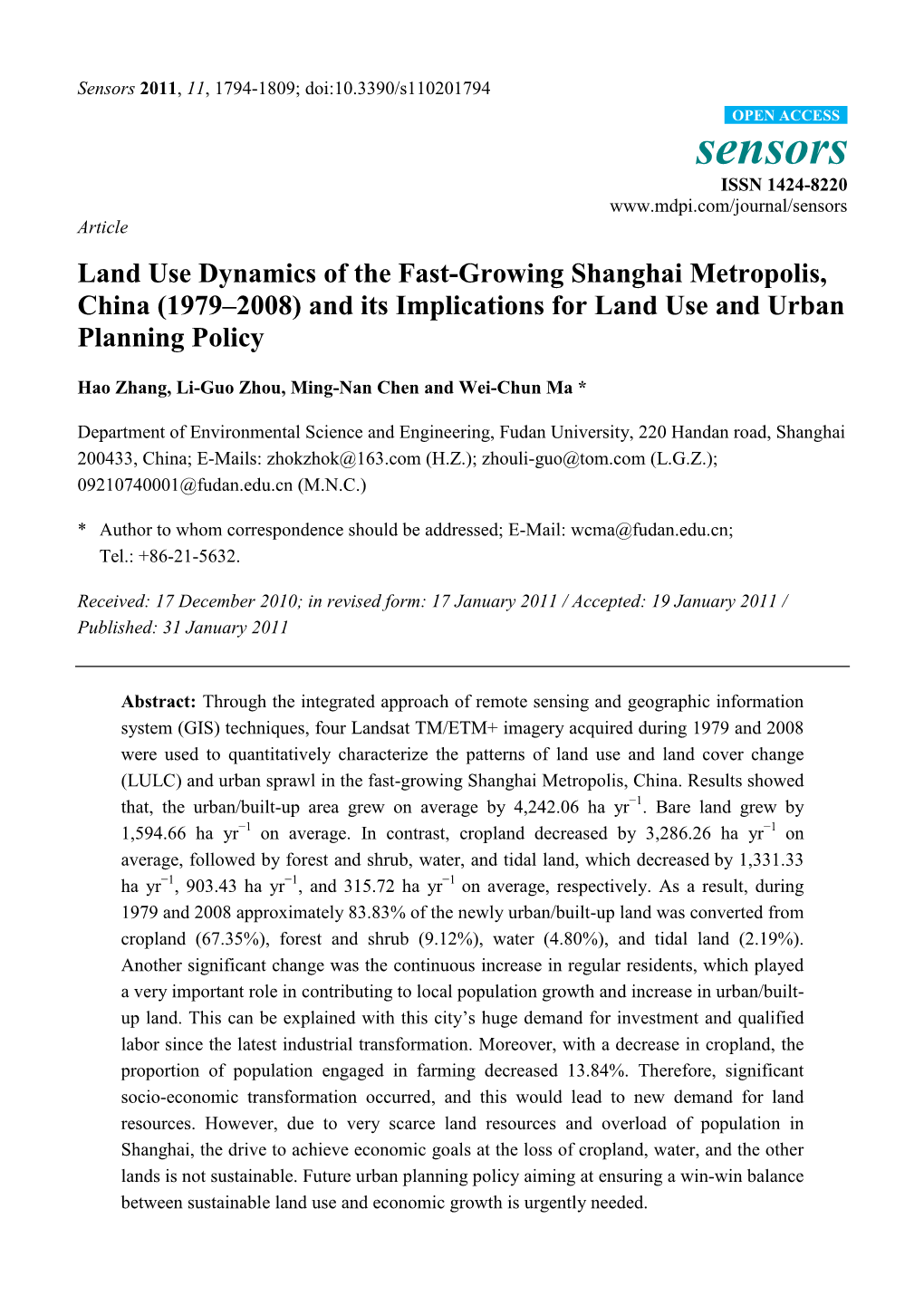 Land Use Dynamics of the Fast-Growing Shanghai Metropolis, China (1979–2008) and Its Implications for Land Use and Urban Planning Policy