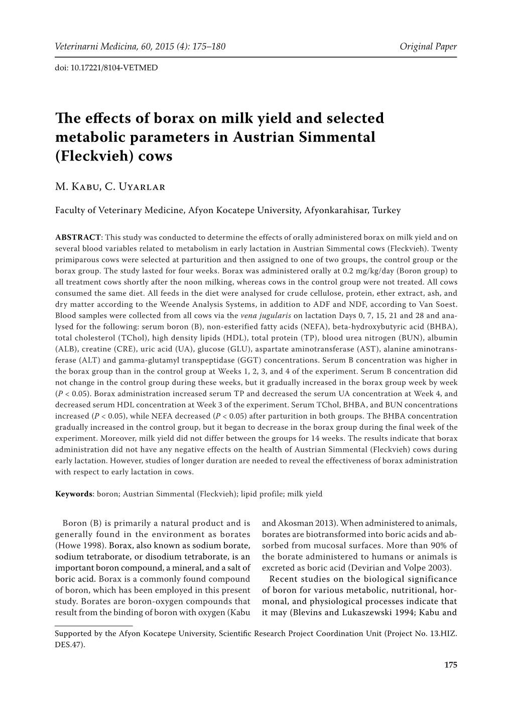 The Effects of Borax on Milk Yield and Selected Metabolic Parameters in Austrian Simmental (Fleckvieh) Cows