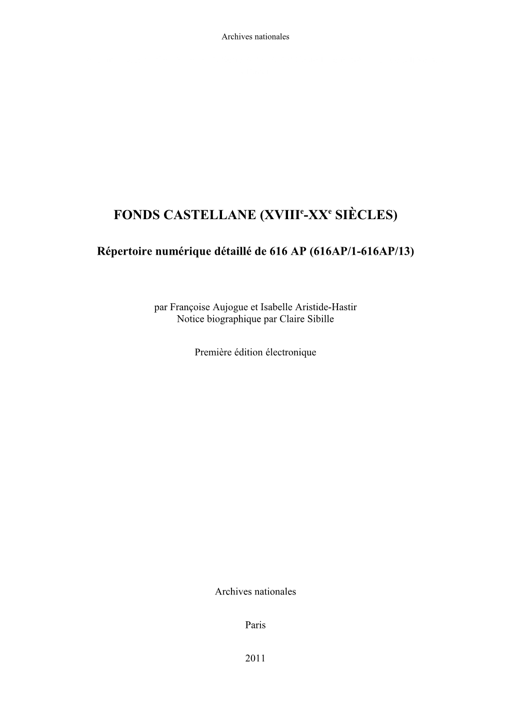 FONDS CASTELLANE (Xviiie-Xxe SIÈCLES)