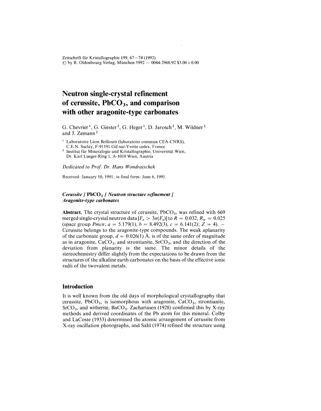 Neutron Single-Crystal Refinement of Cerussite, Pbc03, and Comparison with Other Aragonite-Type Carbonates