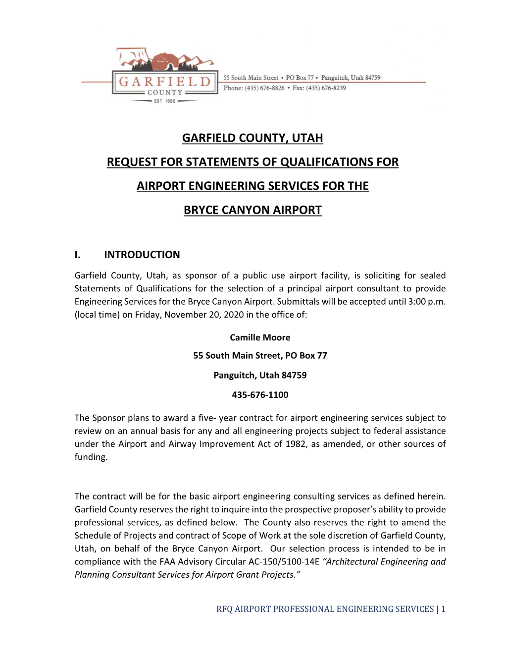 Garfield County, Utah Request for Statements of Qualifications for Airport Engineering Services for the Bryce Canyon Airport