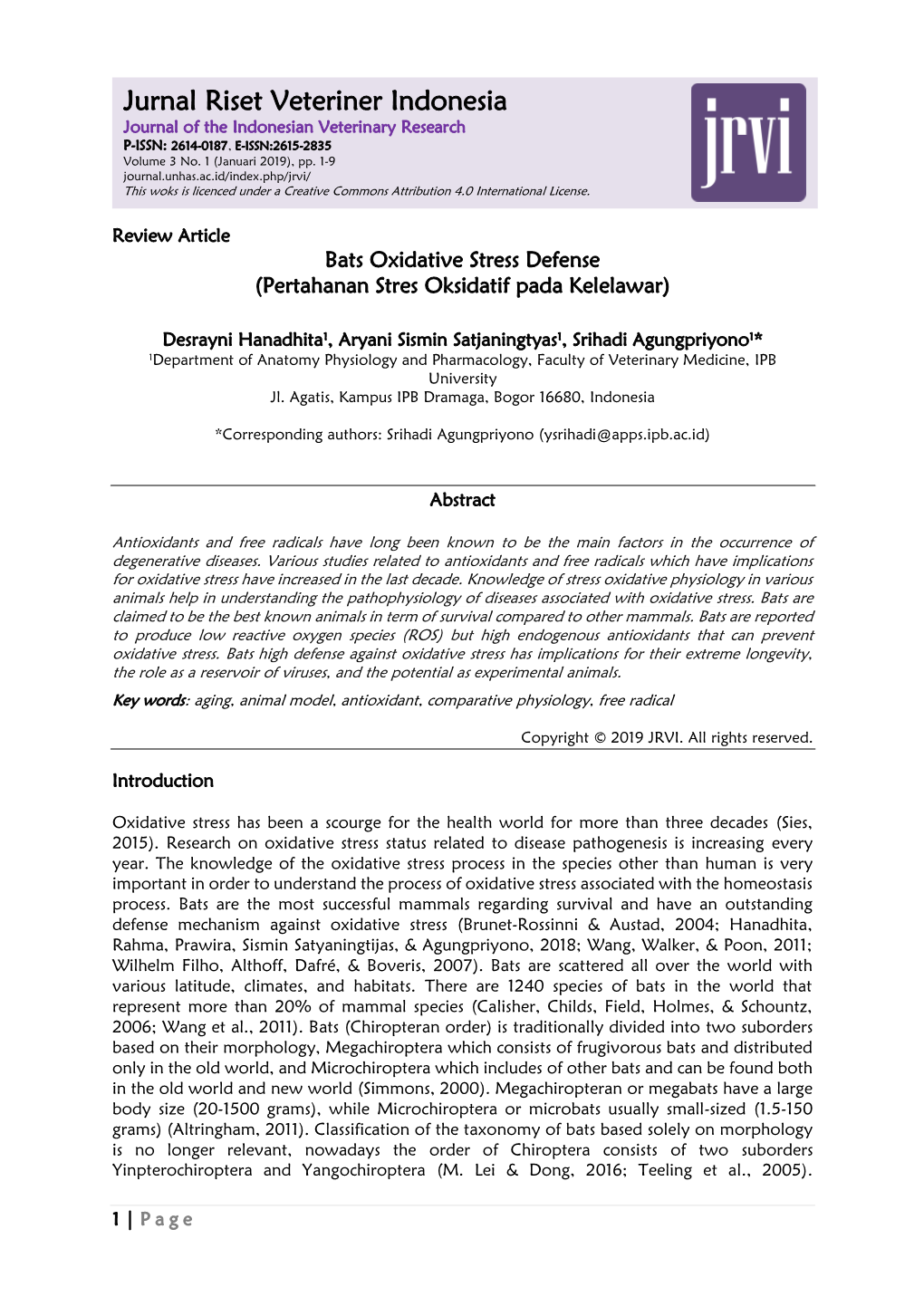 Jurnal Riset Veteriner Indonesia Journal of the Indonesian Veterinary Research P-ISSN: 2614-0187, E-ISSN:2615-2835 Volume 3 No