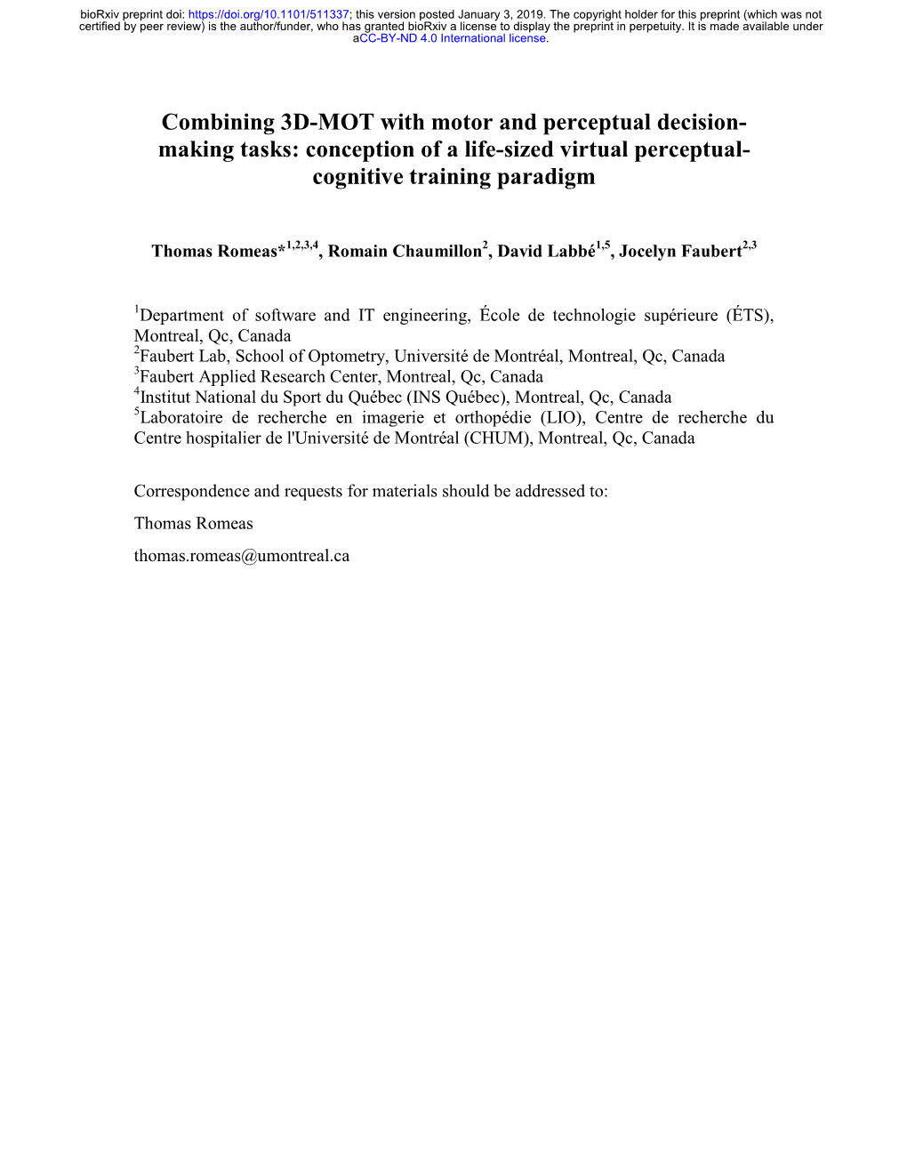 Combining 3D-MOT with Motor and Perceptual Decision- Making Tasks: Conception of a Life-Sized Virtual Perceptual- Cognitive Training Paradigm