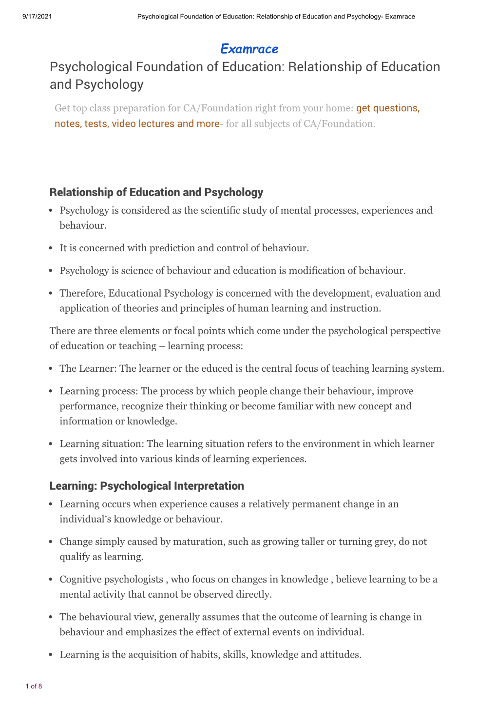 Psychological Foundation of Education: Relationship of Education and Psychology- Examrace