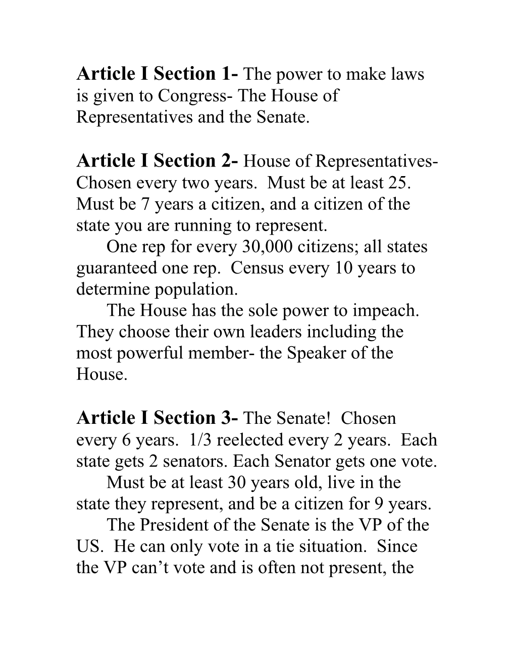 Article I Section 1- the Power to Make Laws Is Given to Congress- the House of Representatives