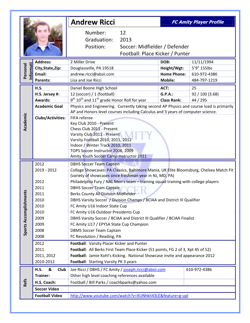 Andrew Ricci FC Amity Player Profile