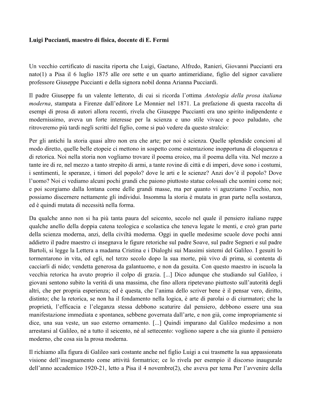 Luigi Puccianti, Maestro Di Fisica, Docente Di E. Fermi Un Vecchio