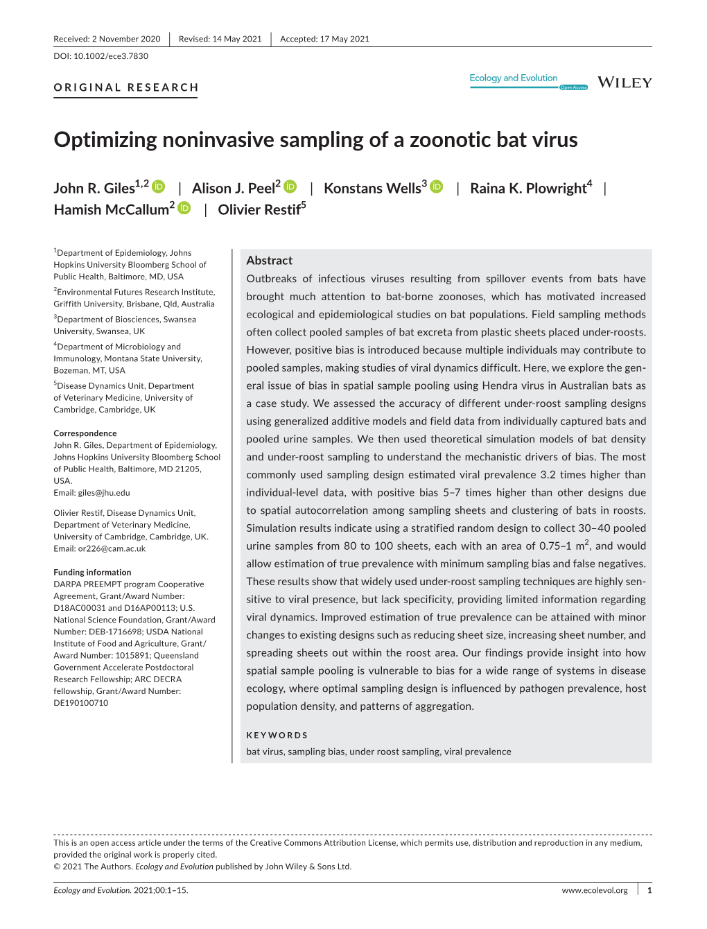 Optimizing Noninvasive Sampling of a Zoonotic Bat Virus