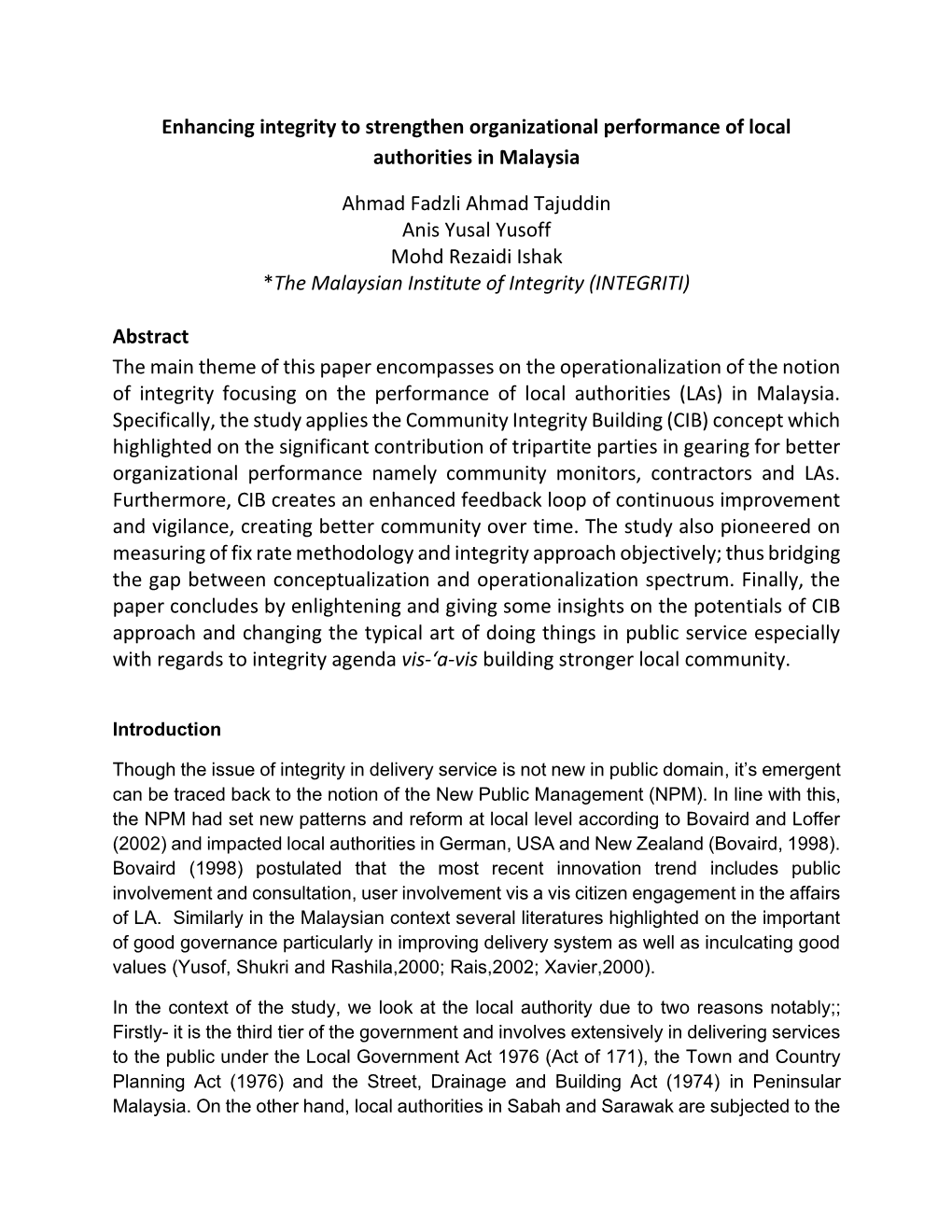 Enhancing Integrity to Strengthen Organizational Performance of Local Authorities in Malaysia