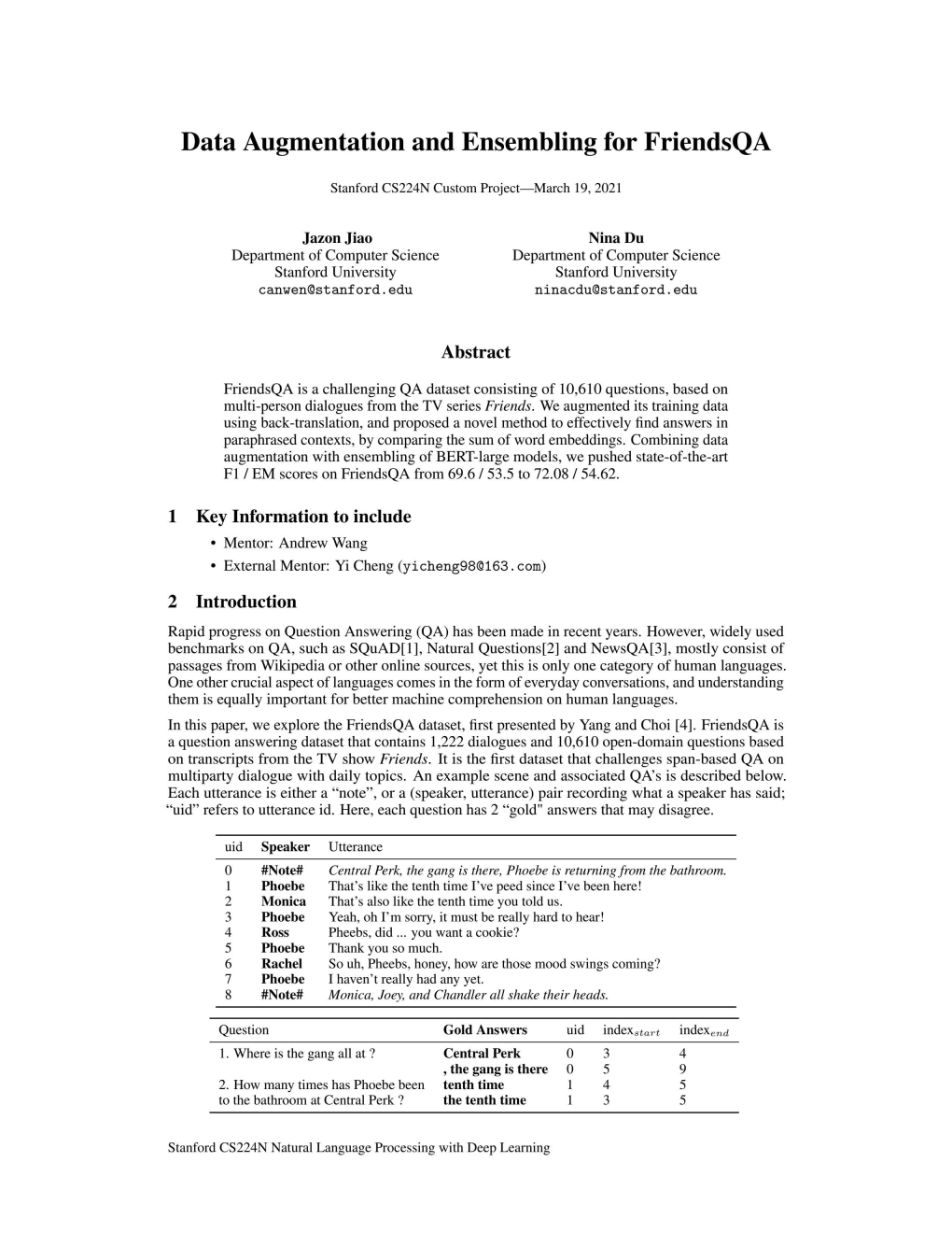 Data Augmentation and Ensembling for Friendsqa