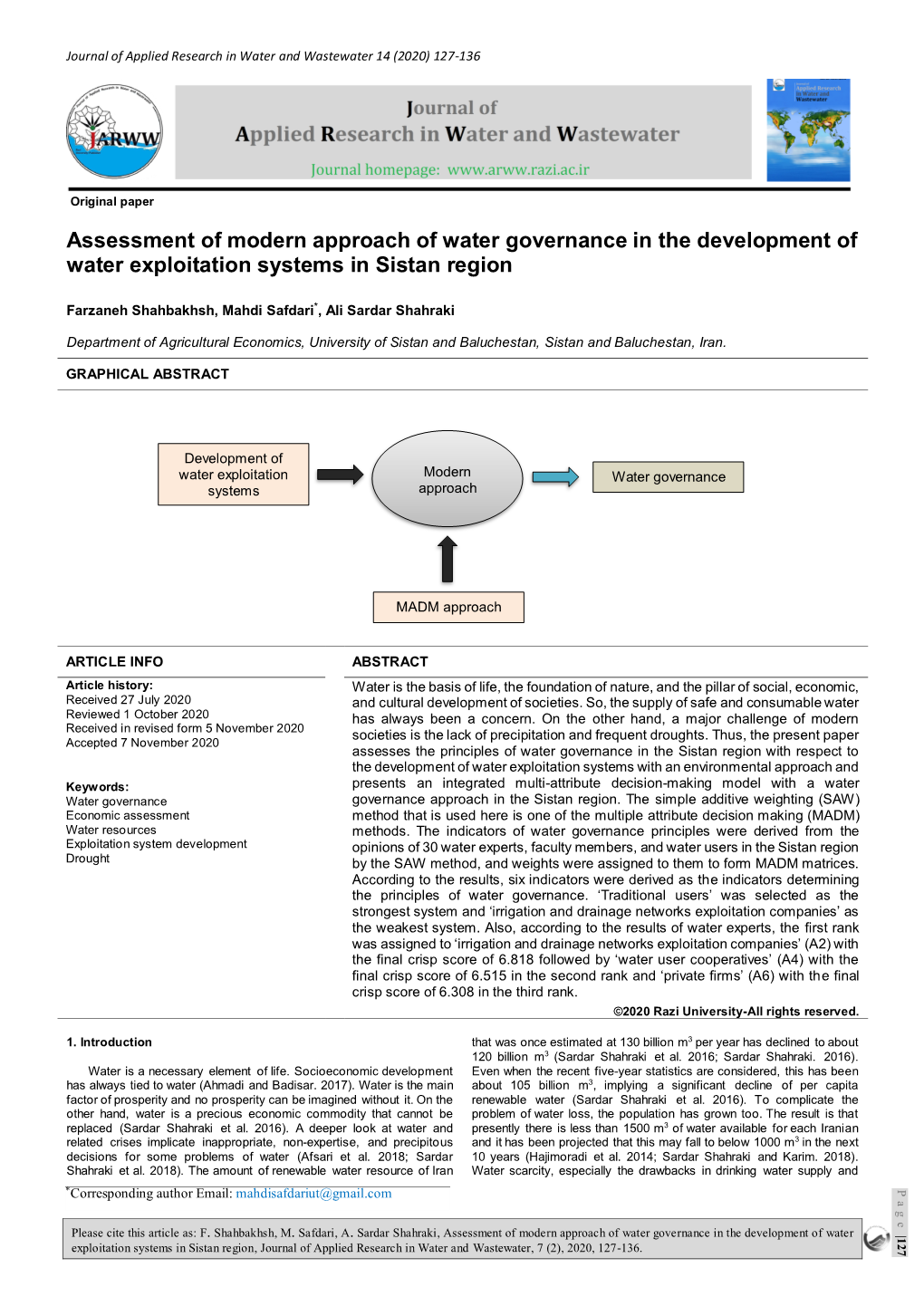 Assessment of Modern Approach of Water Governance in the Development of Water Exploitation Systems in Sistan Region