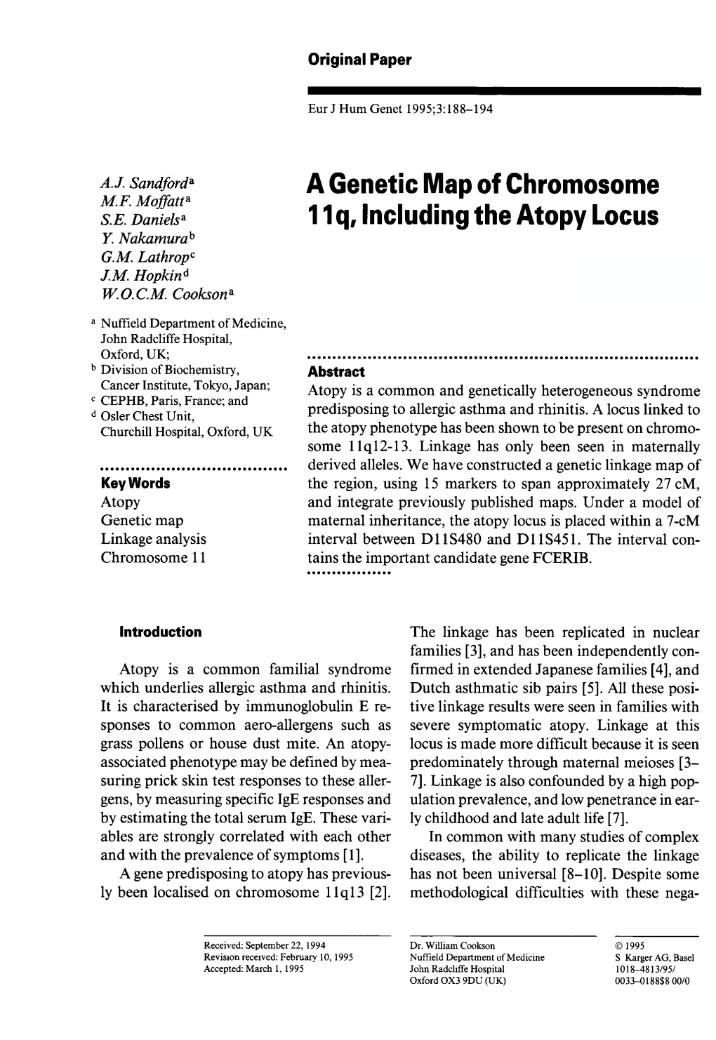 A Genetic Map of Chromosome 11 Q. Including the Atopy Locus