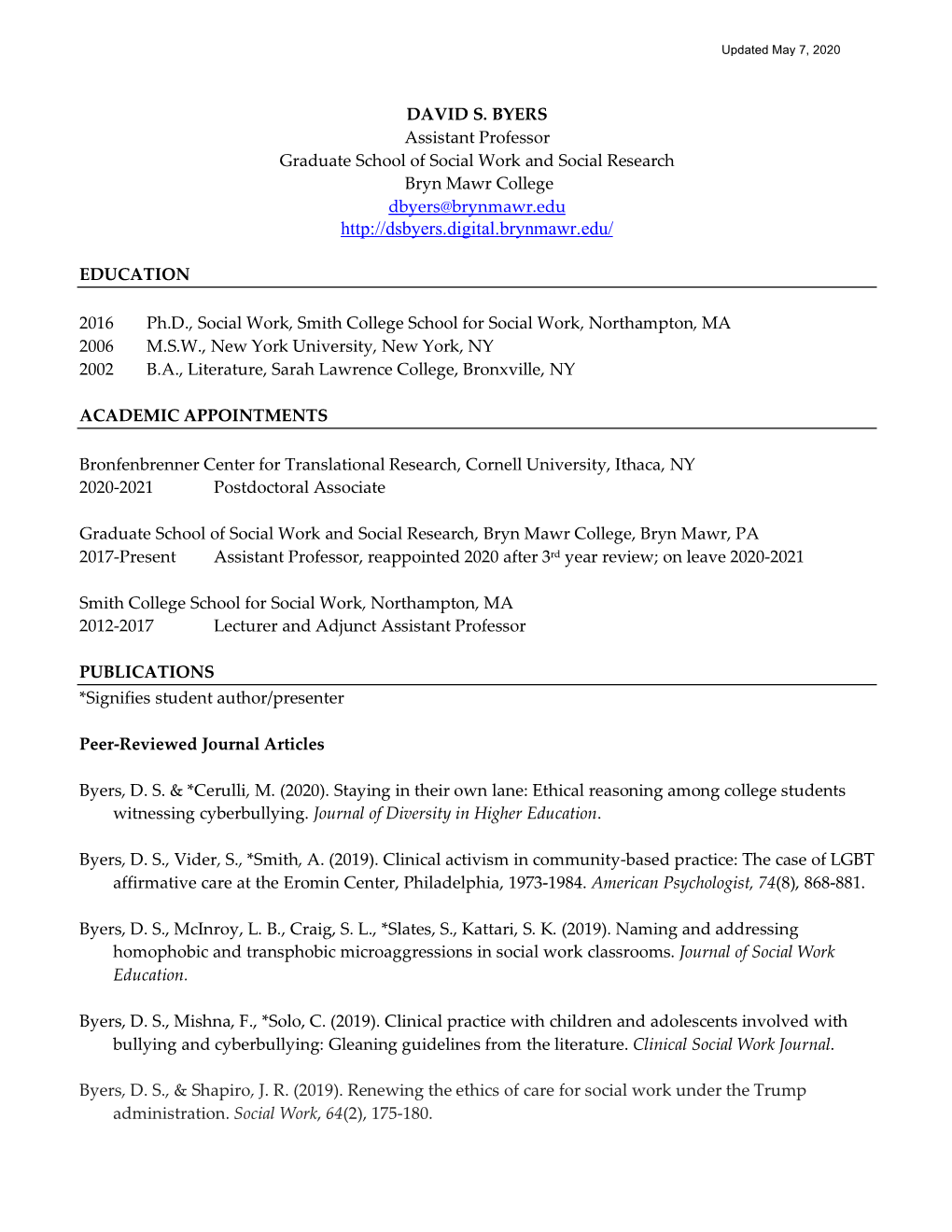 David S Byers CV 5-7-20