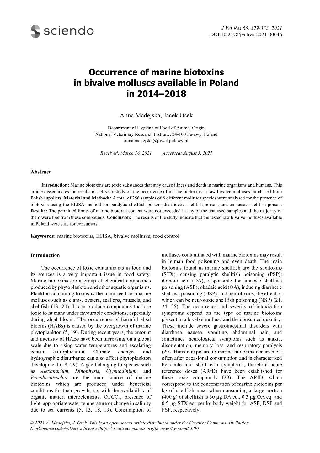 Occurrence of Marine Biotoxins in Bivalve Molluscs Available in Poland in 2014–2018