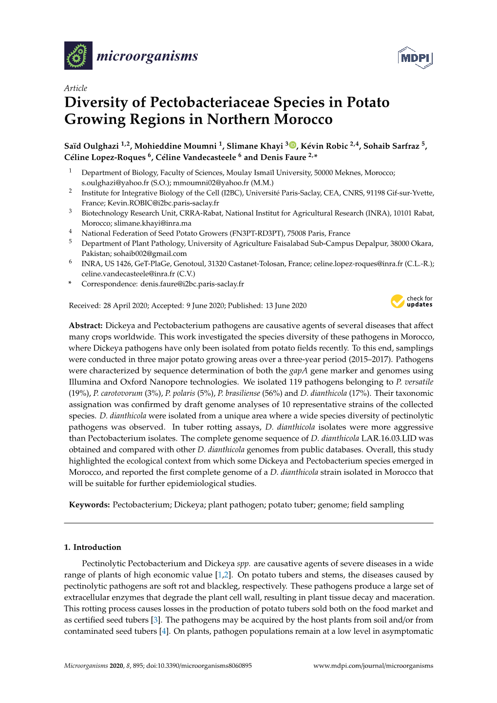 Diversity of Pectobacteriaceae Species in Potato Growing Regions in Northern Morocco