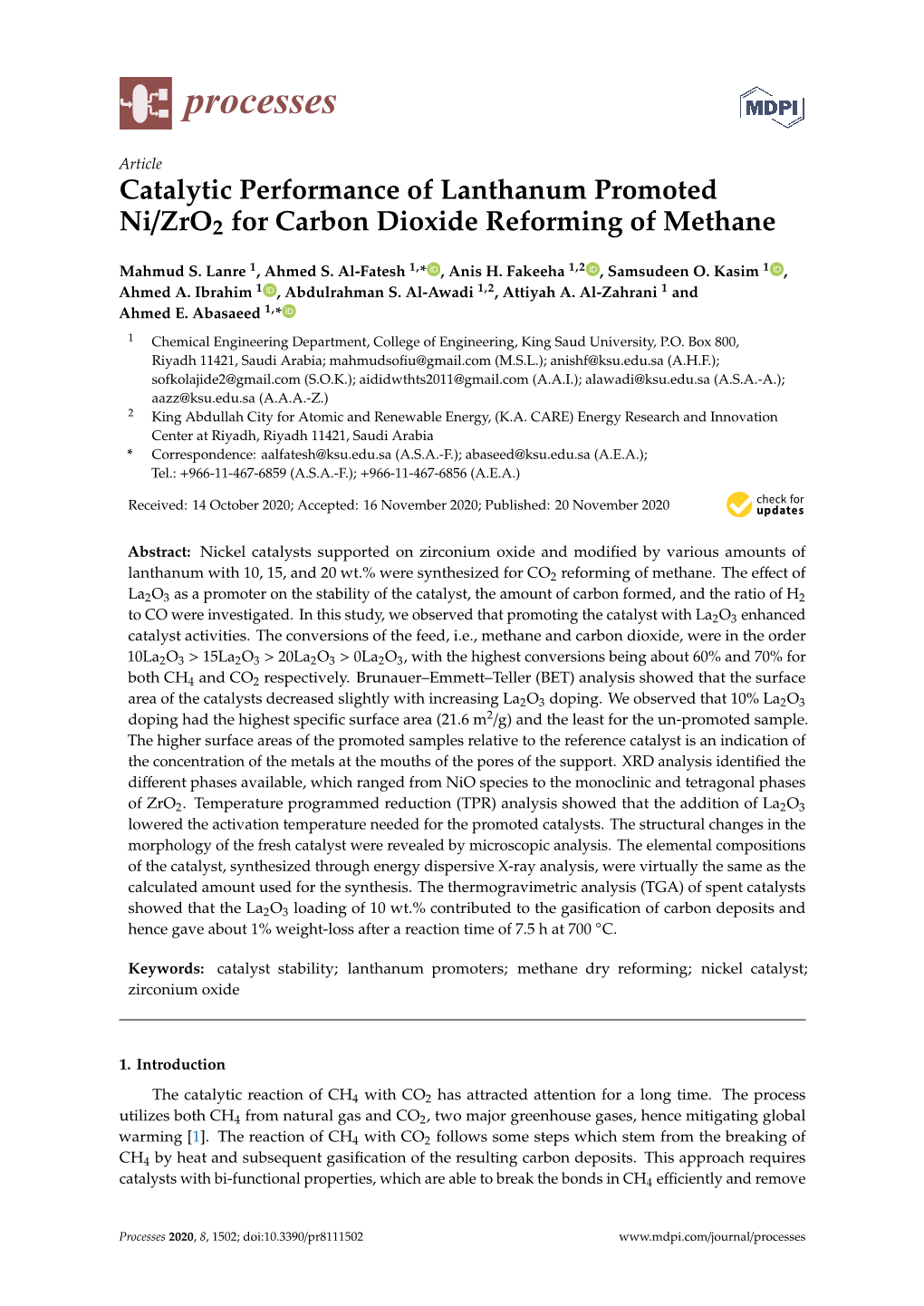 Catalytic Performance of Lanthanum Promoted Ni/Zro2 for Carbon Dioxide Reforming of Methane