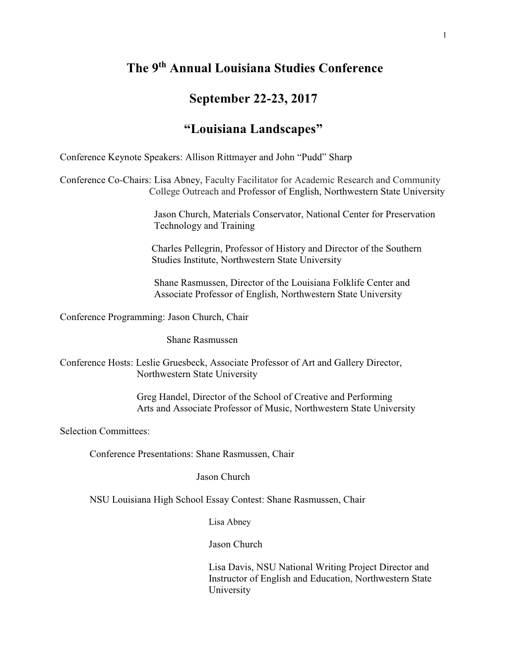 The 9Th Annual Louisiana Studies Conference September 22-23, 2017