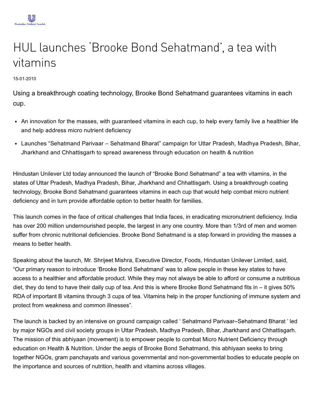 'Brooke Bond Sehatmand', a Tea with Vitamins