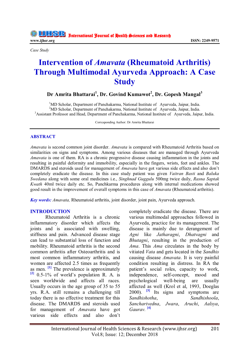Rheumatoid Arthritis) Through Multimodal Ayurveda Approach: a Case Study