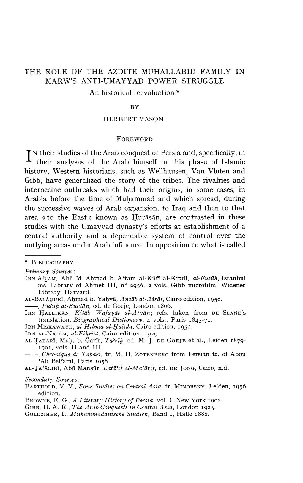 THE ROLE of the AZDITE MUHALLABID FAMILY in MARW's ANTI-UMAYYAD POWER STRUGGLE an Historical Reevaluation *