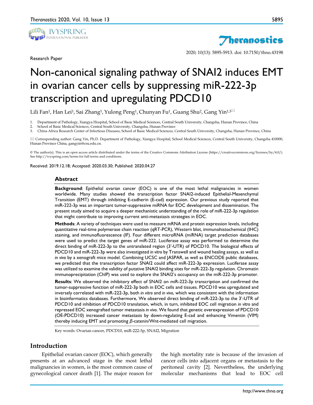 Theranostics Non-Canonical Signaling Pathway of SNAI2 Induces EMT In