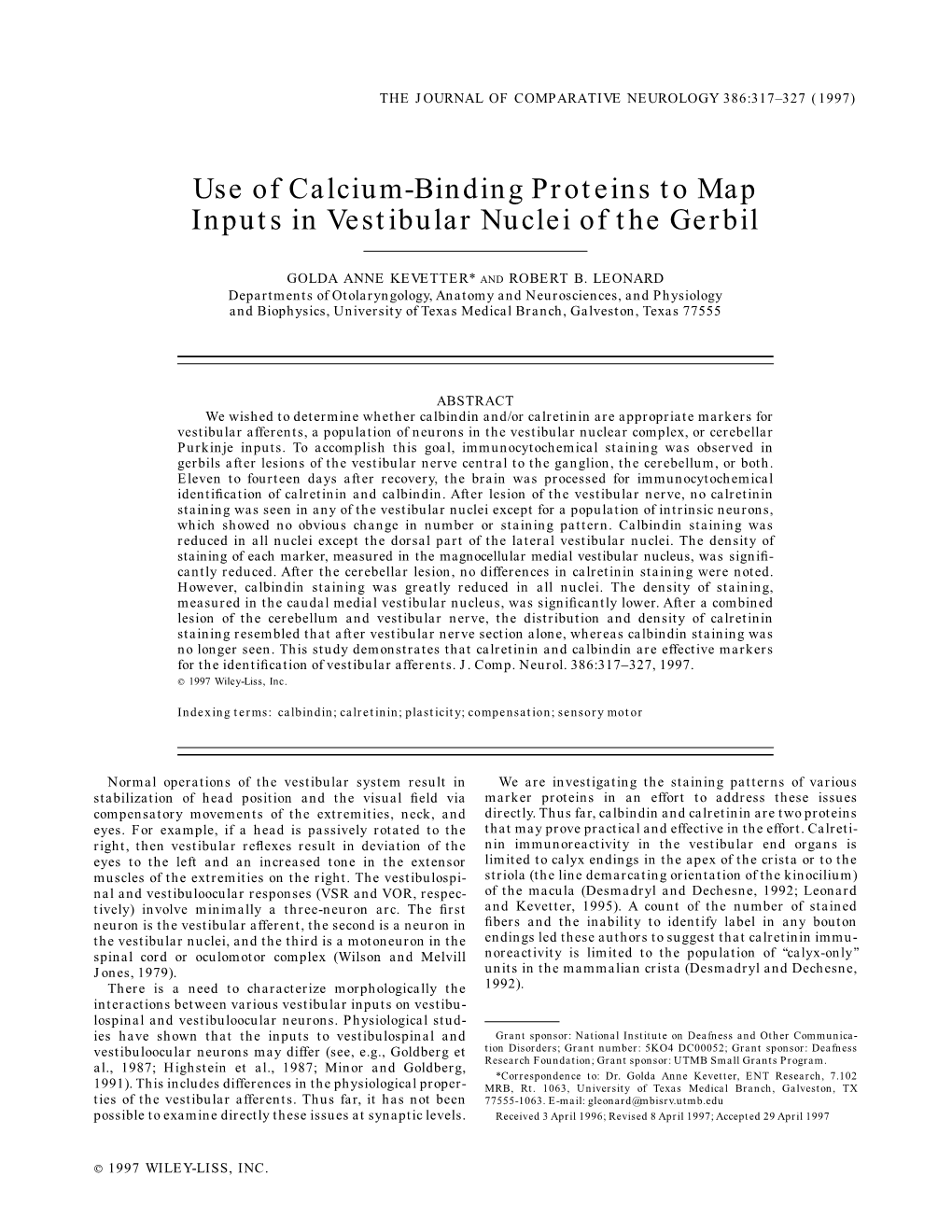 Use of Calcium-Binding Proteins to Map Inputs in Vestibular Nuclei of the Gerbil