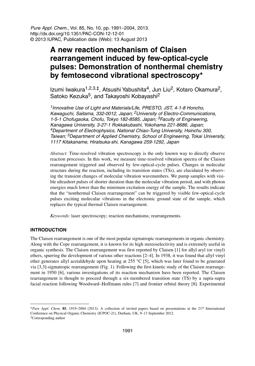 A New Reaction Mechanism of Claisen Rearrangement Induced by Few-Optical-Cycle Pulses: Demonstration of Nonthermal Chemistry by Femtosecond Vibrational Spectroscopy*