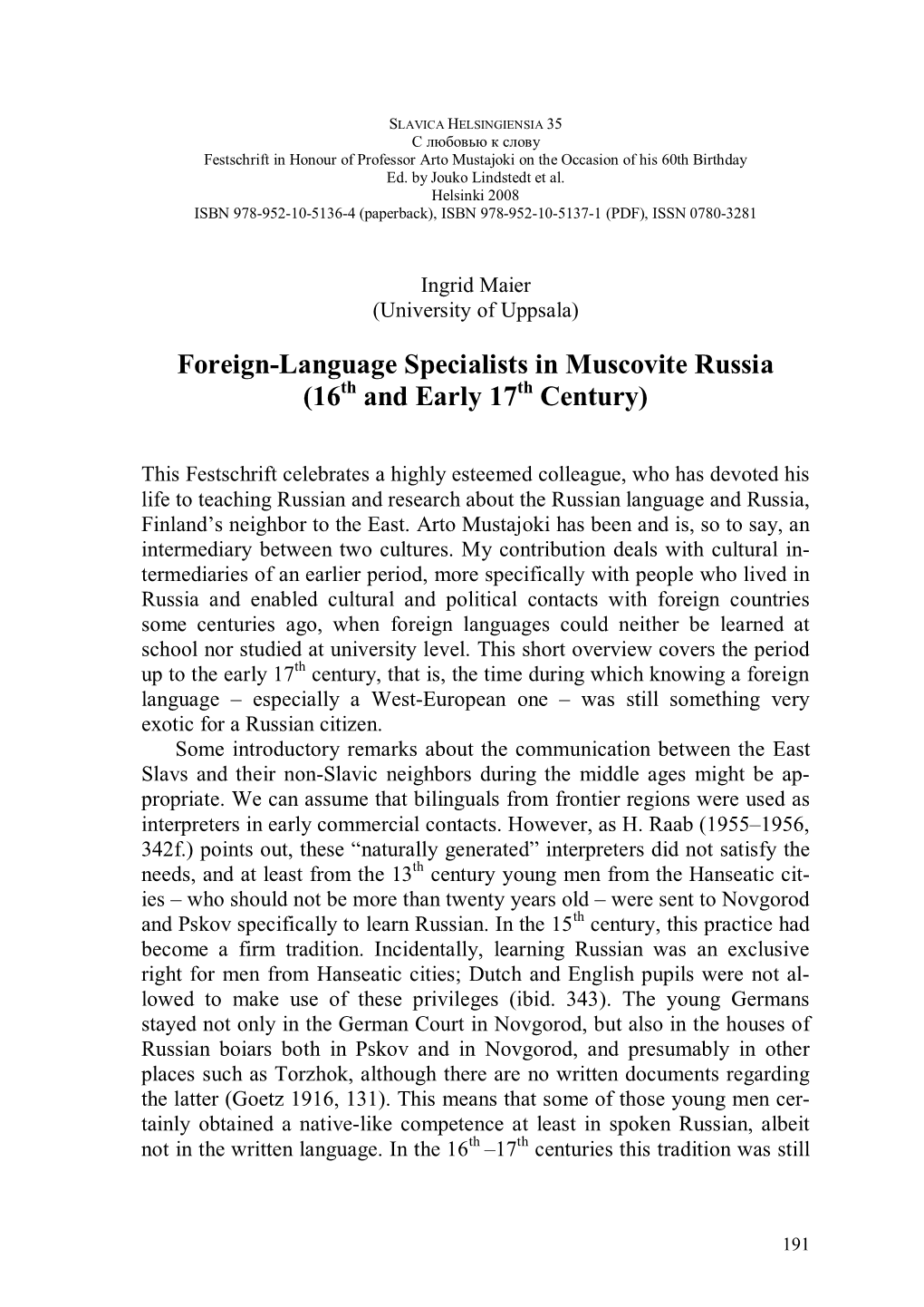 Foreign-Language Specialists in Muscovite Russia (16Th and Early 17Th Century)