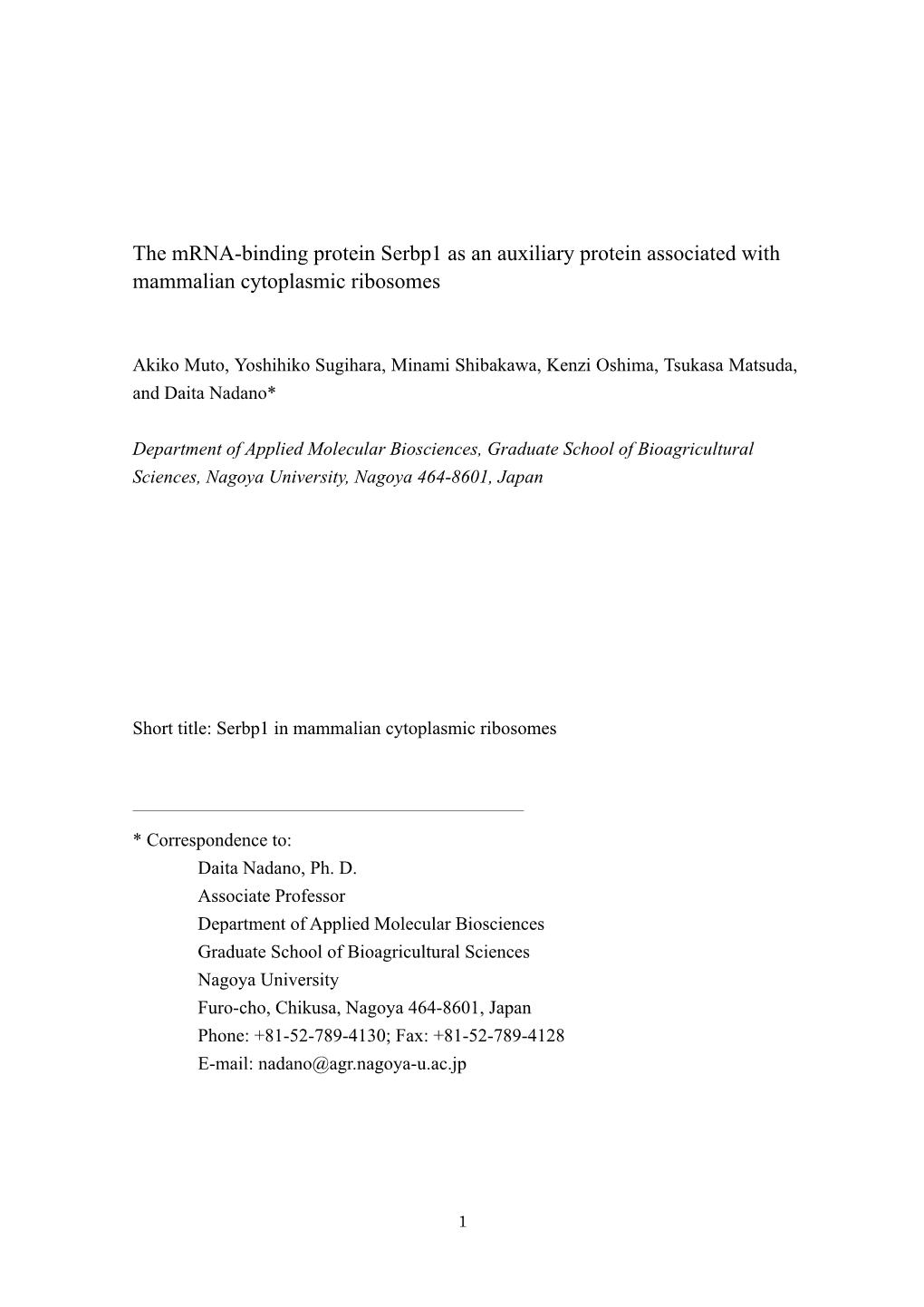 The Mrna-Binding Protein Serbp1 As an Auxiliary Protein Associated with Mammalian Cytoplasmic Ribosomes