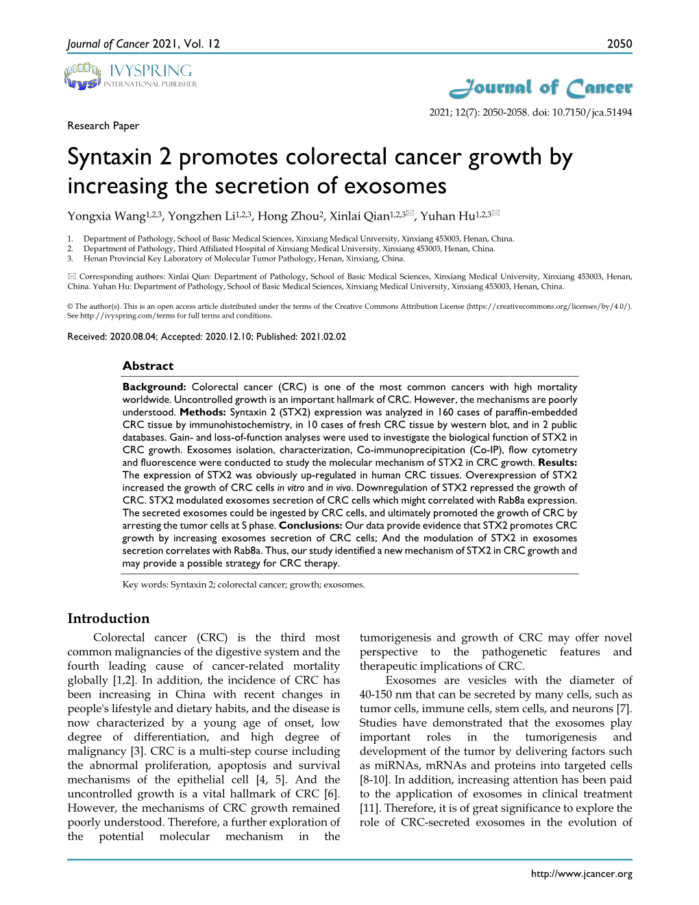 Syntaxin 2 Promotes Colorectal Cancer Growth by Increasing the Secretion