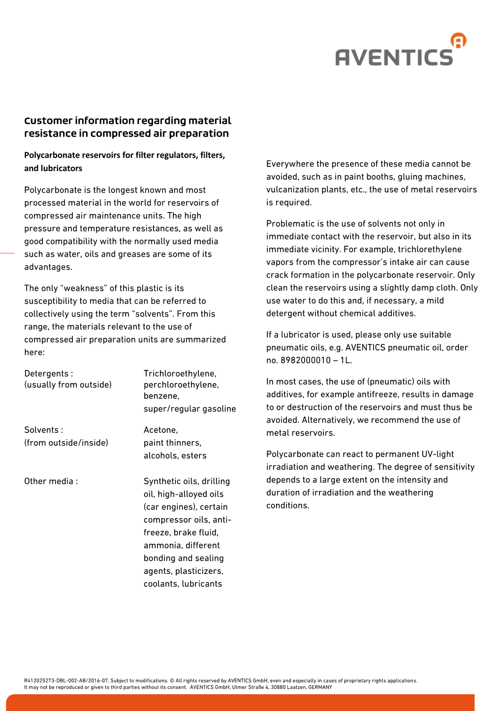 Customer Information Regarding Material Resistance in Compressed Air Preparation