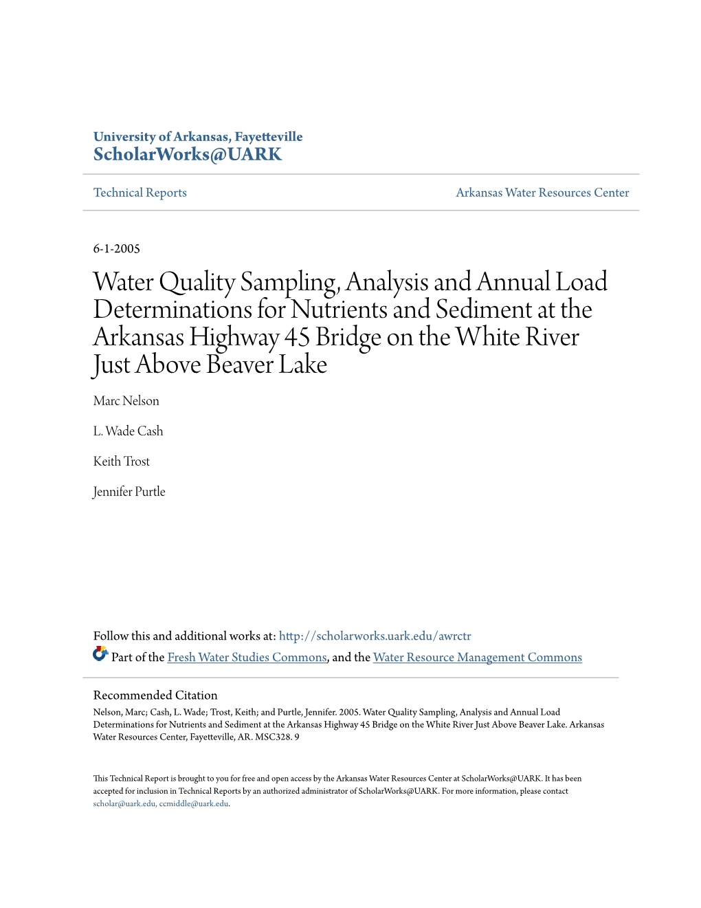 Water Quality Sampling, Analysis and Annual Load Determinations