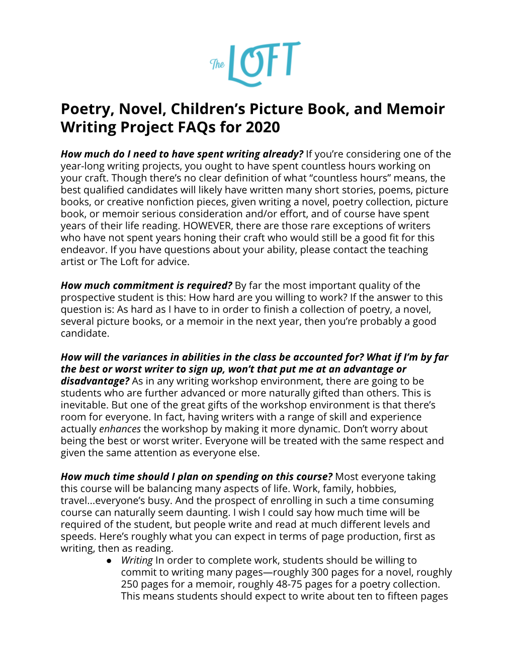 Poetry, Novel, Children's Picture Book, and Memoir Writing Project Faqs for 2020