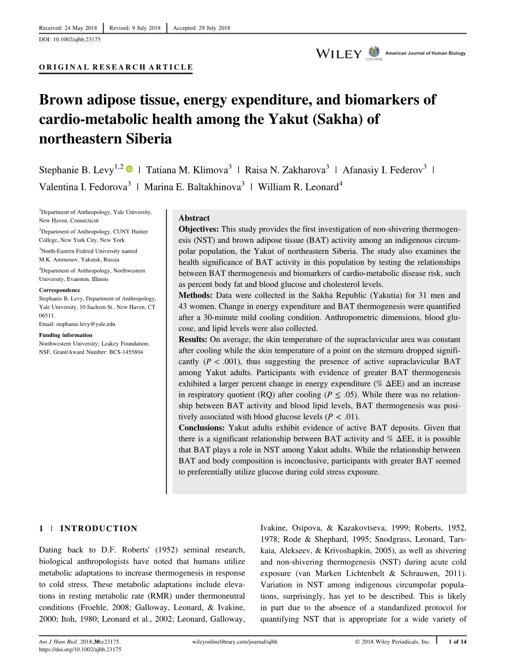 Brown Adipose Tissue, Energy Expenditure, and Biomarkers of Cardio-Metabolic Health Among the Yakut (Sakha) of Northeastern Siberia