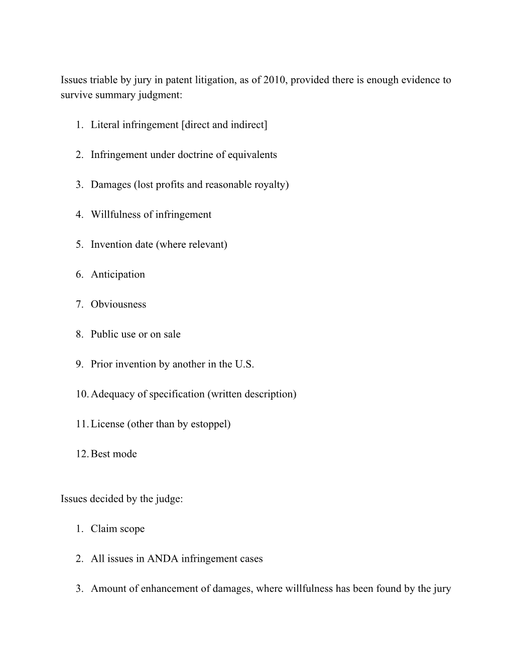 Issues Triable by Jury in Patent Litigation, As of 2010