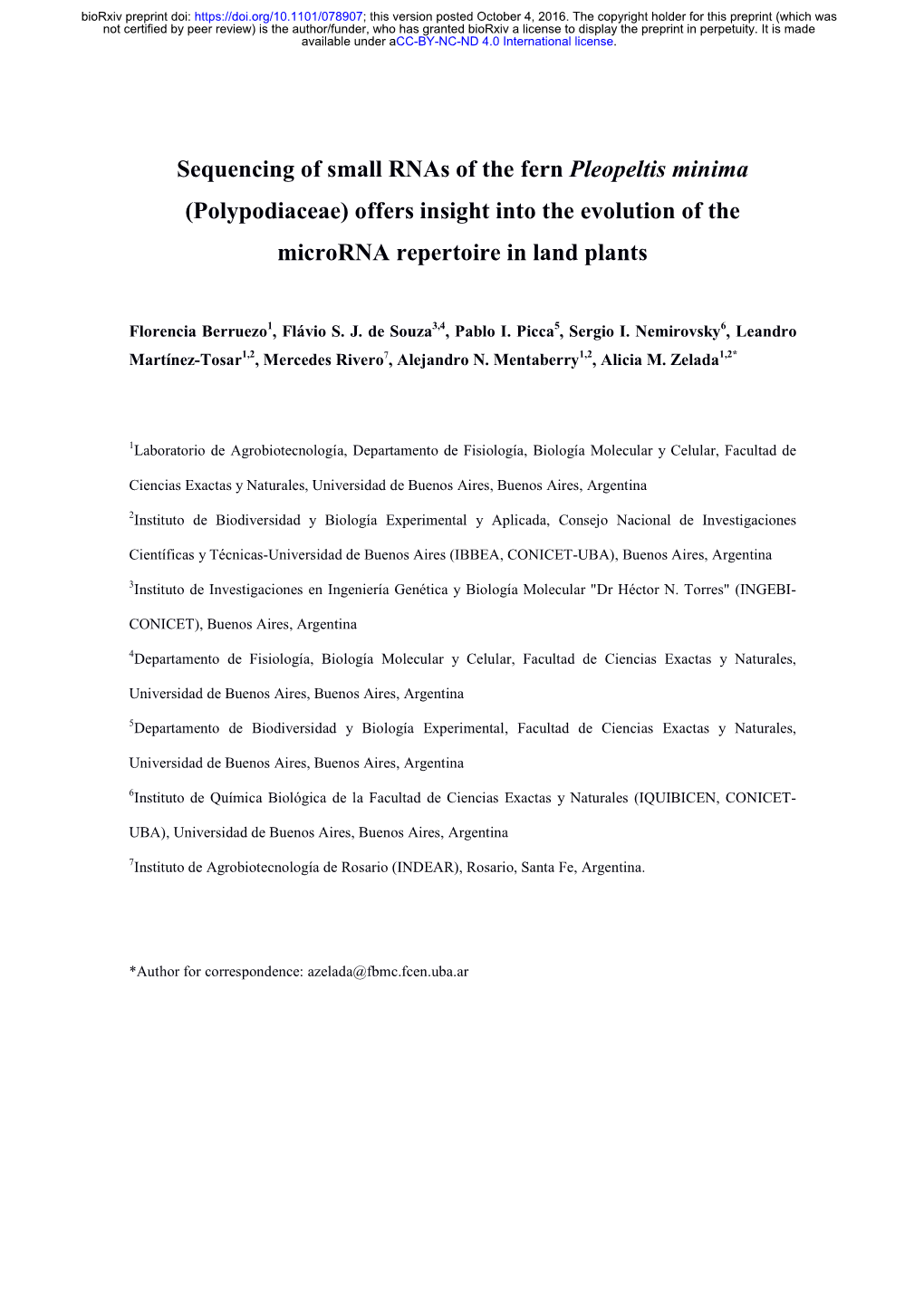 Sequencing of Small Rnas of the Fern Pleopeltis Minima (Polypodiaceae) Offers Insight Into the Evolution of the Microrna Repertoire in Land Plants