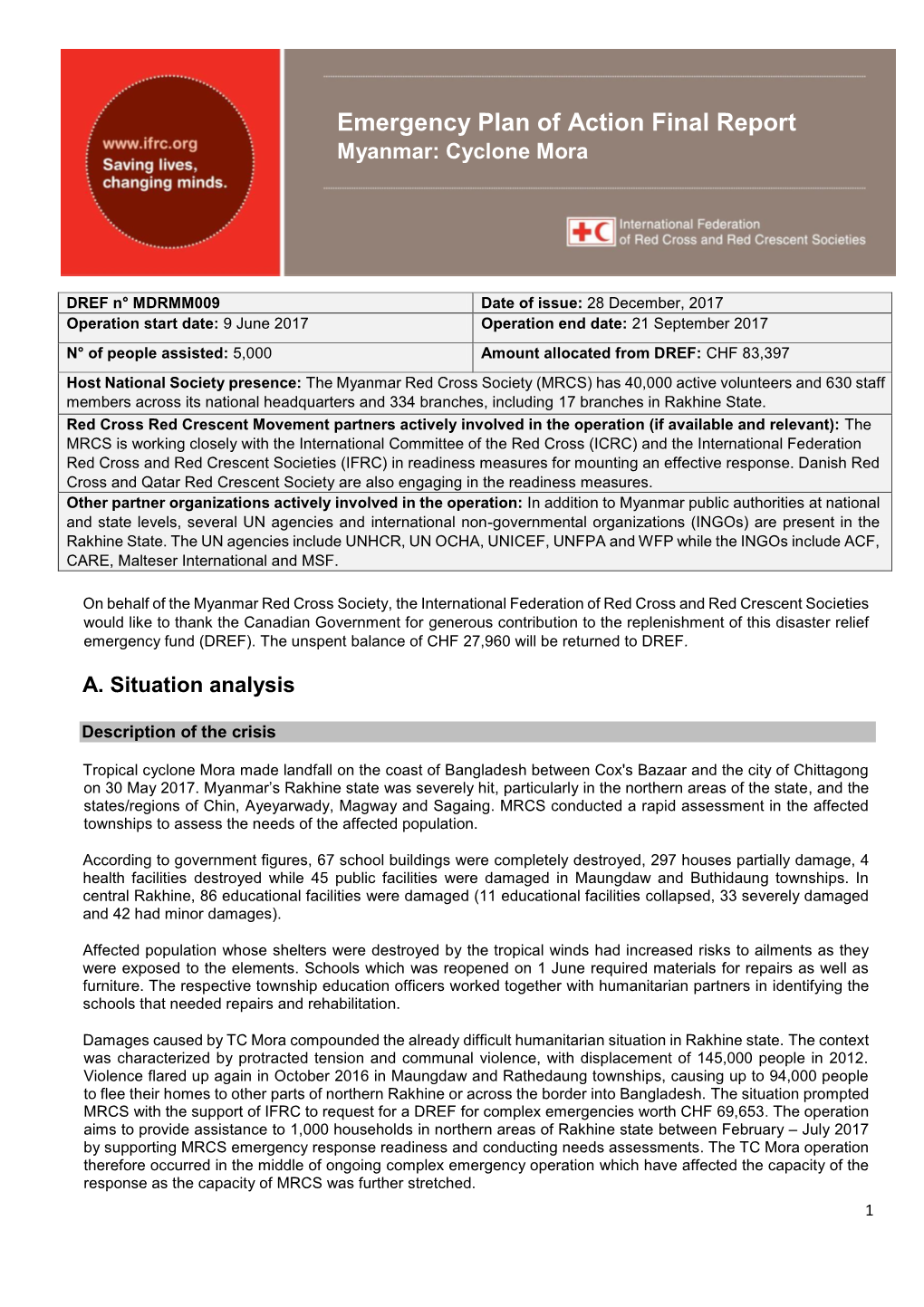 Emergency Plan of Action Final Report Myanmar: Cyclone Mora