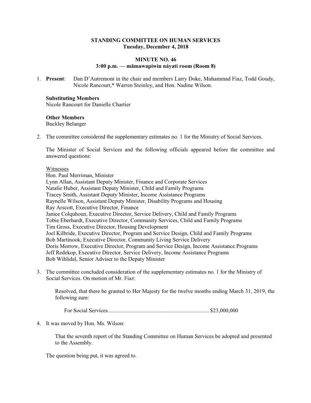 STANDING COMMITTEE on HUMAN SERVICES Tuesday, December 4, 2018