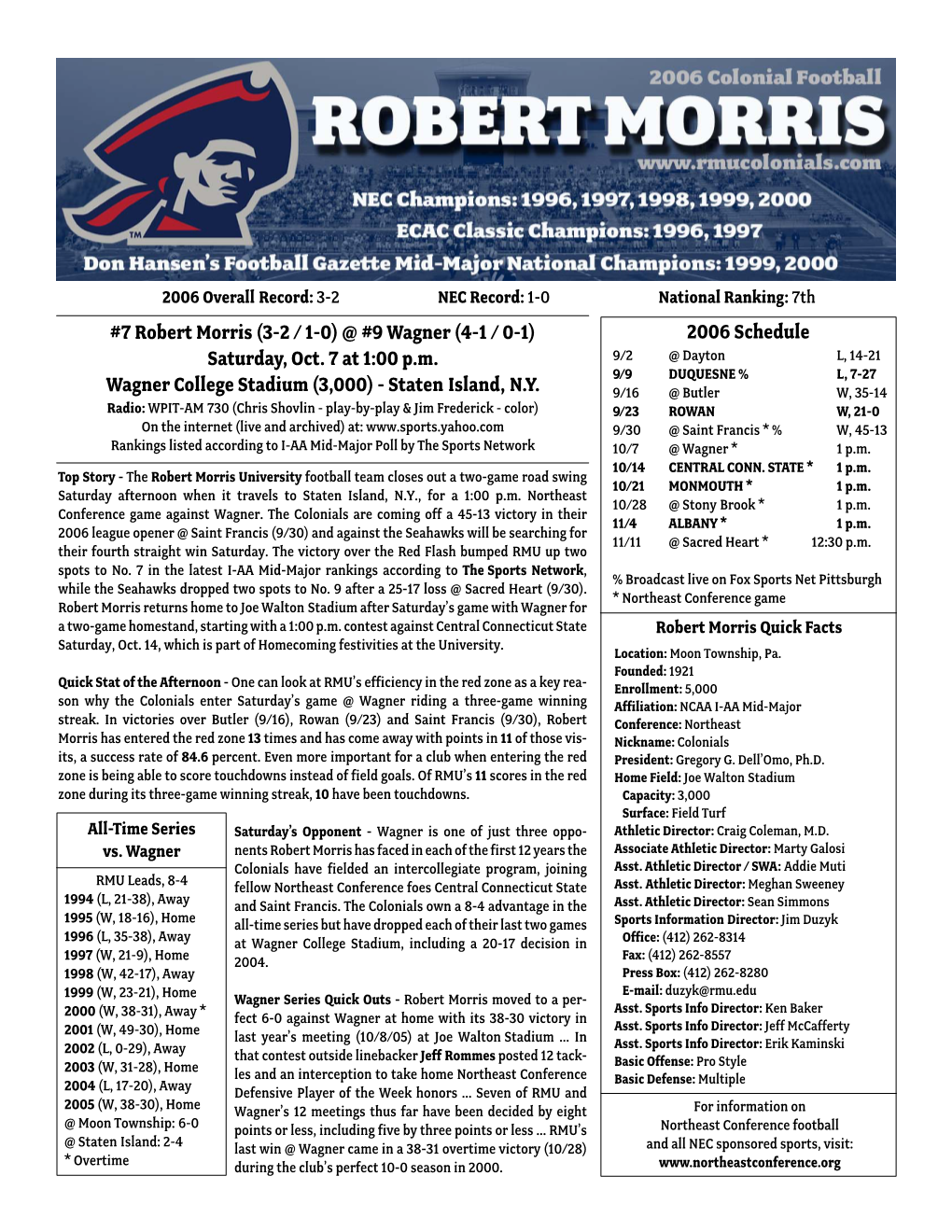 2006 Schedule #7 Robert Morris (3-2 / 1-0) @ #9 Wagner